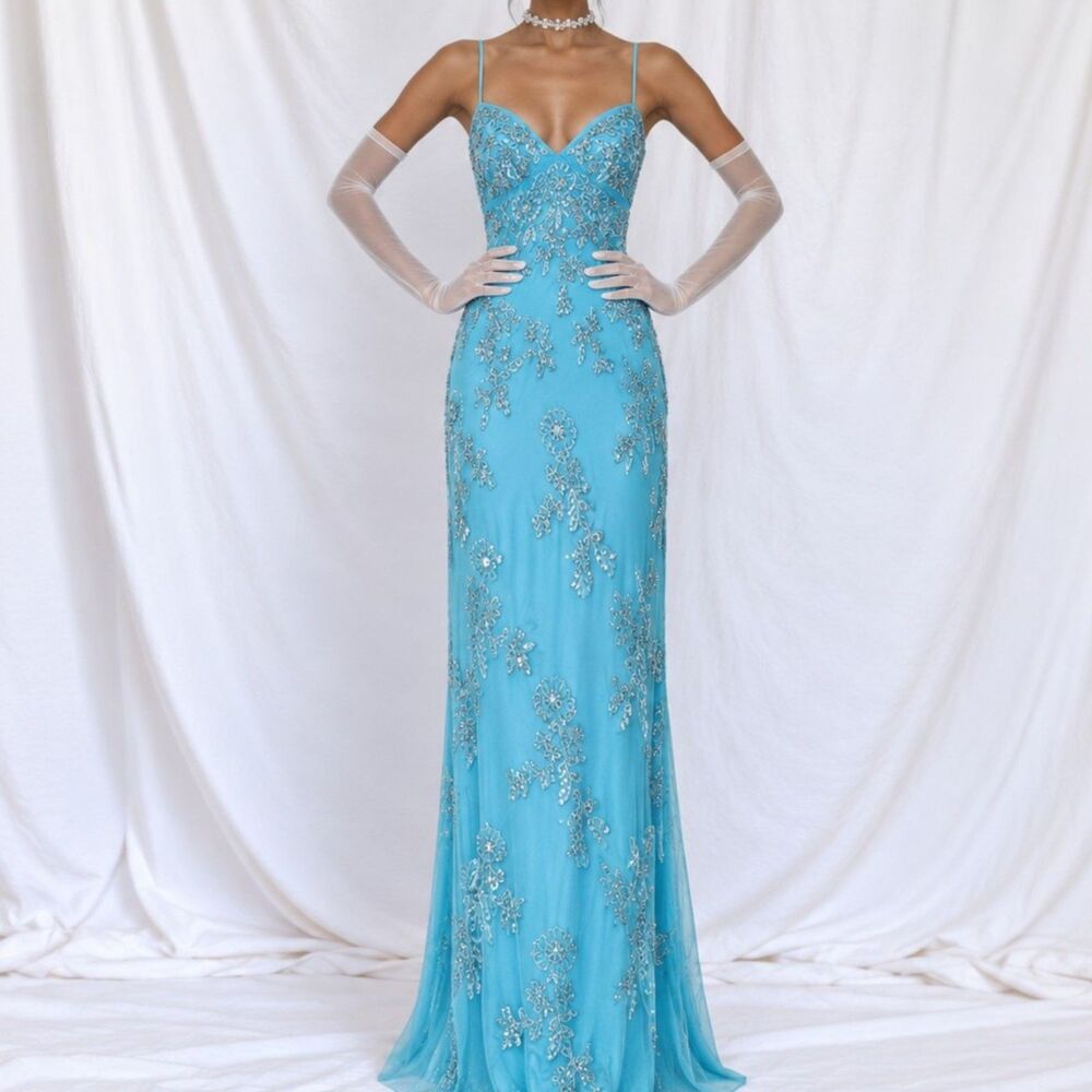Vintage Y2K 90s Blue Floral Beaded Knit Bodycon Maxi Mesh Prom Dress Size S